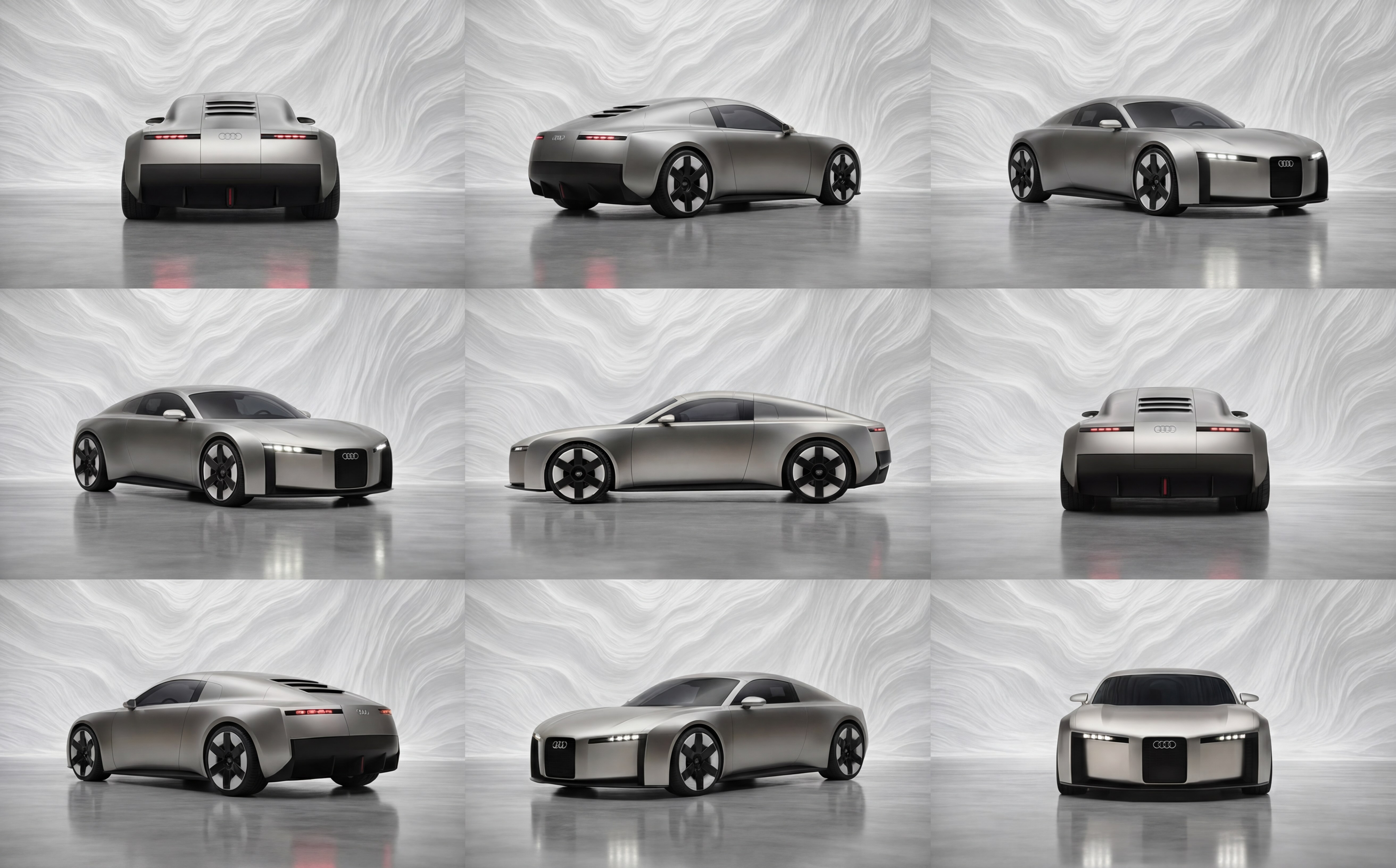 A grid of controlled premium automotive concept directions in a silver studio setting